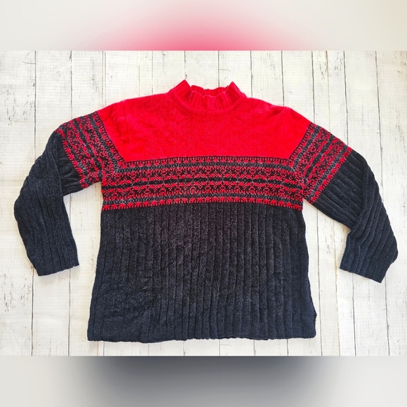 Vintage Jennifer Moore Chenille Black & Red High Neck Fairisle Christmas Sweater - Picture 2 of 15
